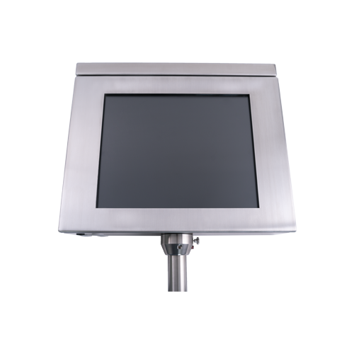 Voor aanzicht van de 17 inch MBIPX-TFT17 RVS IP66 touchconsole met gemonteerde stang